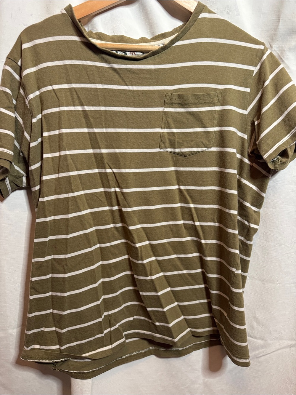 Denim & Flower Olive Green and White Striped Pocket Tee med. #35